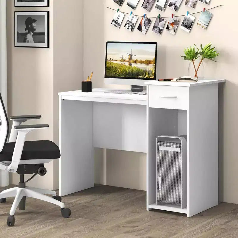 Costway Bureau Informatique avec Tiroir Bureau PC Portable Moderne avec Étagère Réglable et Trou Passe-Câbles