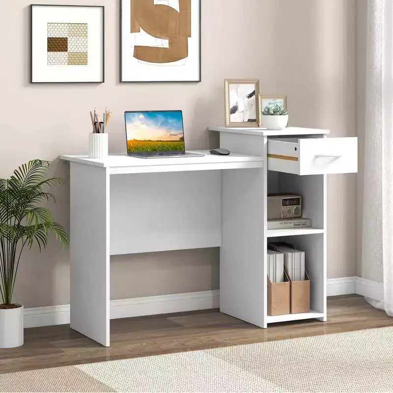 Costway Bureau Informatique avec Tiroir Bureau PC Portable Moderne avec Étagère Réglable et Trou Passe-Câbles