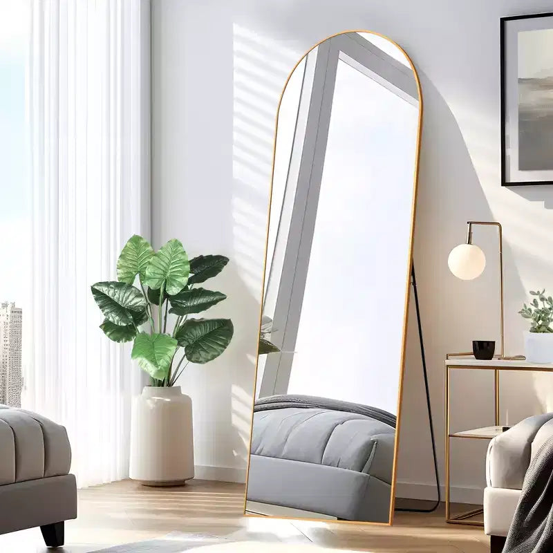 Miroir Dovelina sur pied à cadre métallique cintré, miroir autoportant, miroir de chambre moderne, miroir mural