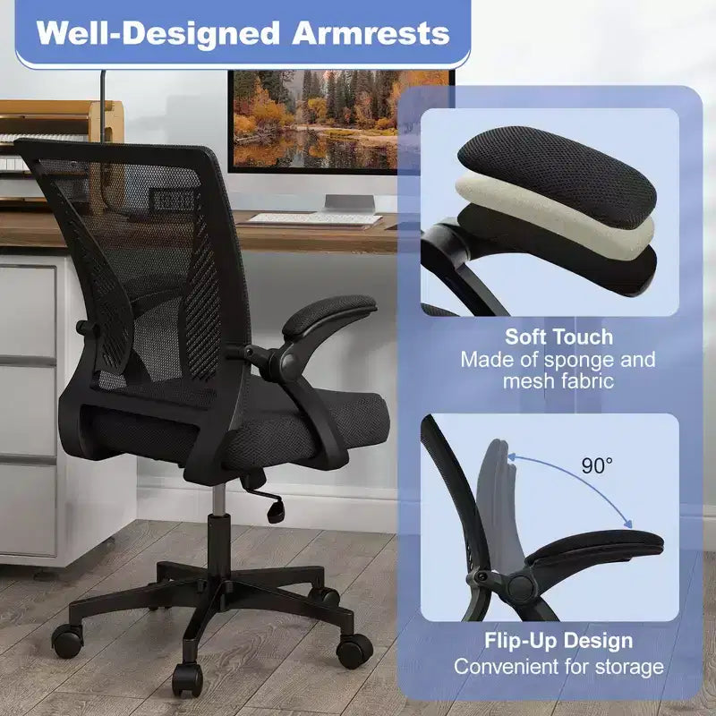 Chaise de bureau ergonomique réglable Costway avec accoudoirs relevables et dossier inclinable à 30°, Noir