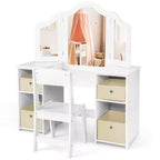 Costway Coiffeuse et chaise pour enfants 2-en-1, ensemble de jeu de rôle Princesse Maquillage, rose/blanc