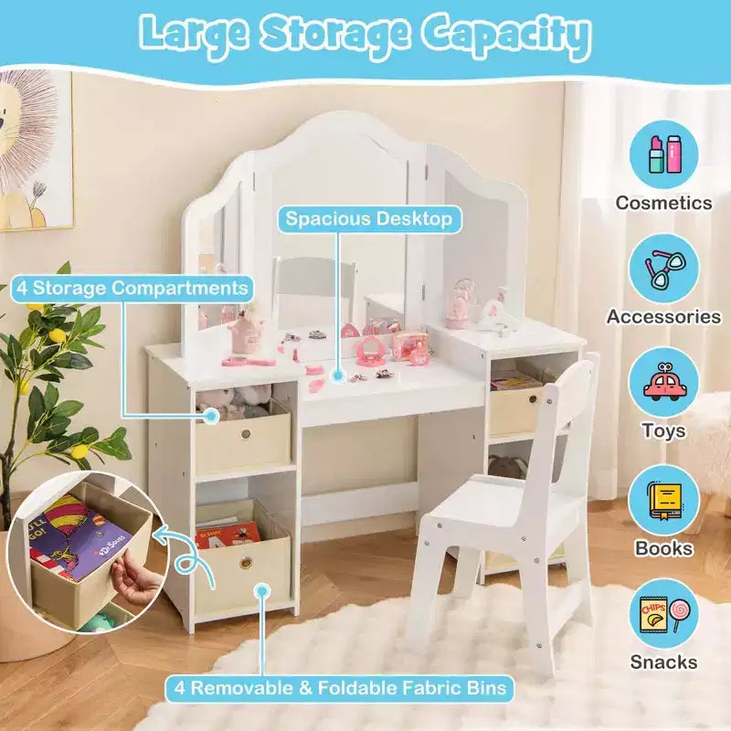 Costway Coiffeuse et chaise pour enfants 2-en-1, ensemble de jeu de rôle Princesse Maquillage, rose/blanc