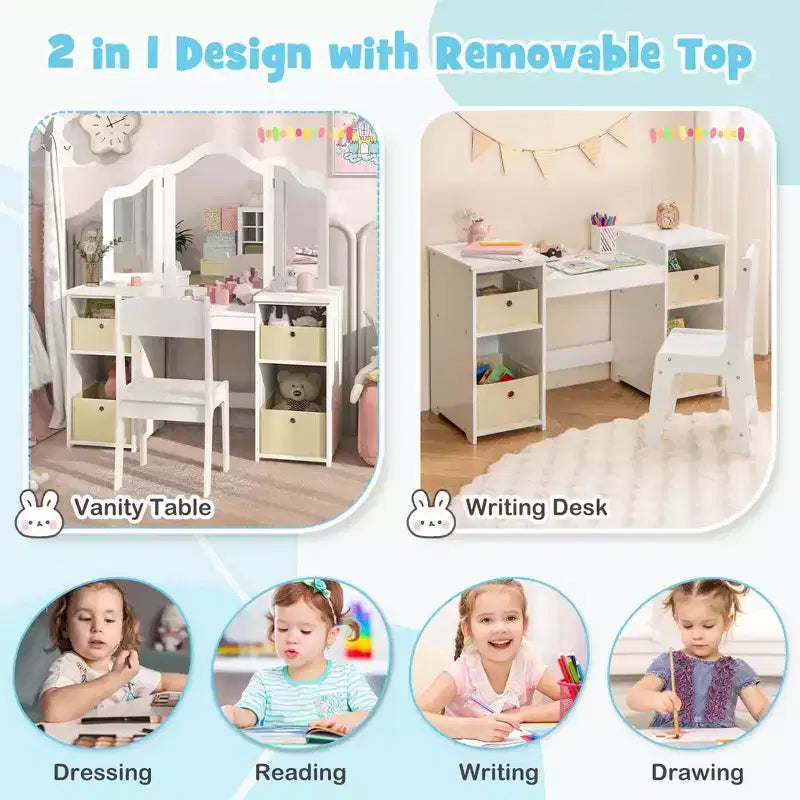 Costway Coiffeuse et chaise pour enfants 2-en-1, ensemble de jeu de rôle Princesse Maquillage, rose/blanc