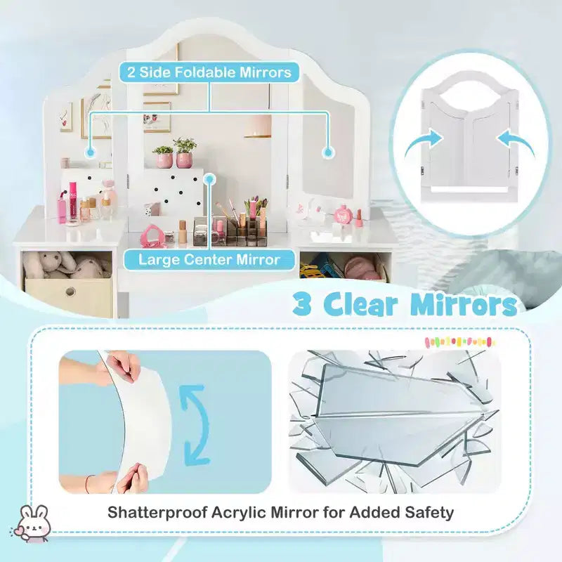 Costway Coiffeuse et chaise pour enfants 2-en-1, ensemble de jeu de rôle Princesse Maquillage, rose/blanc