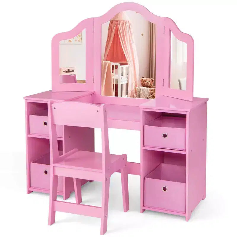 Costway Coiffeuse et chaise pour enfants 2-en-1, ensemble de jeu de rôle Princesse Maquillage, rose/blanc