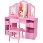 Costway Coiffeuse et chaise pour enfants 2-en-1, ensemble de jeu de rôle Princesse Maquillage, rose/blanc