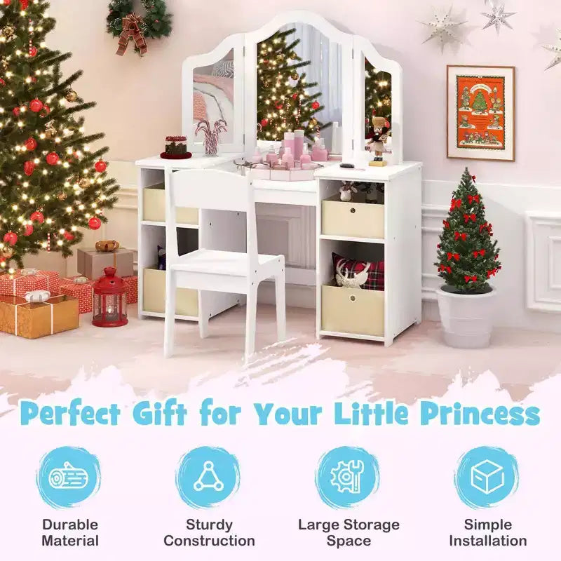 Costway Coiffeuse et chaise pour enfants 2-en-1, ensemble de jeu de rôle Princesse Maquillage, rose/blanc