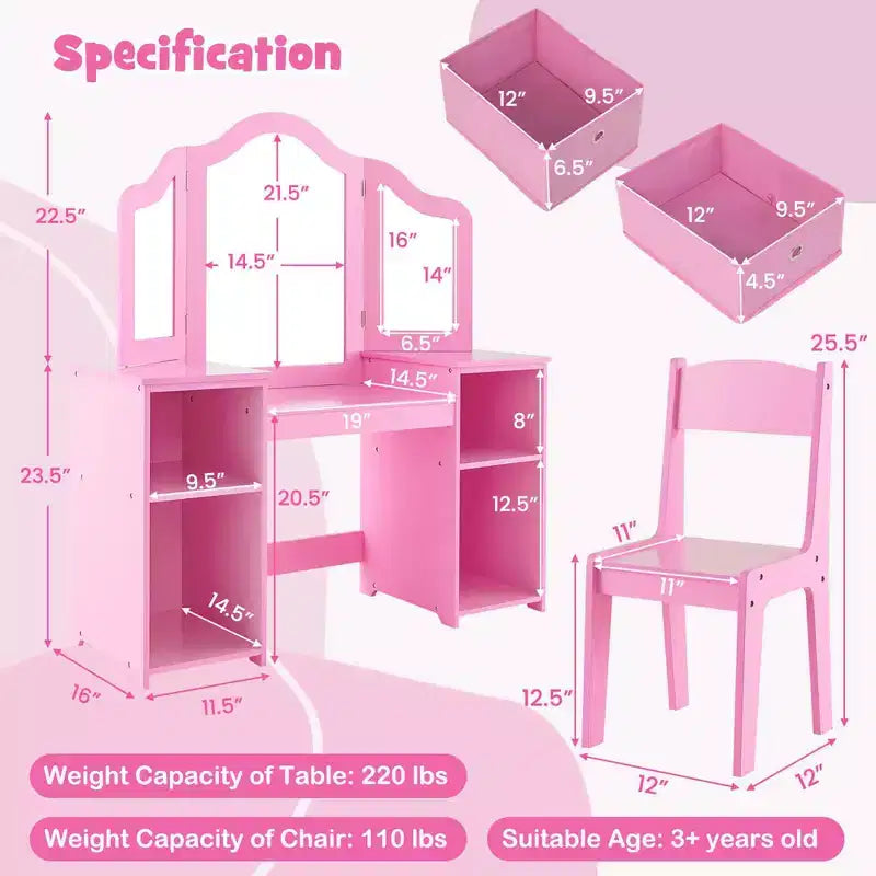 Costway Coiffeuse et chaise pour enfants 2-en-1, ensemble de jeu de rôle Princesse Maquillage, rose/blanc