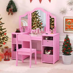 Costway Coiffeuse et chaise pour enfants 2-en-1, ensemble de jeu de rôle Princesse Maquillage, rose/blanc