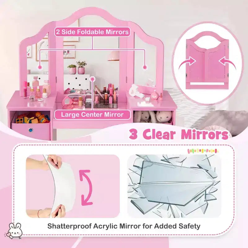 Costway Coiffeuse et chaise pour enfants 2-en-1, ensemble de jeu de rôle Princesse Maquillage, rose/blanc
