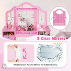 Costway Coiffeuse et chaise pour enfants 2-en-1, ensemble de jeu de rôle Princesse Maquillage, rose/blanc