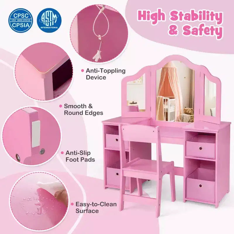 Costway Coiffeuse et chaise pour enfants 2-en-1, ensemble de jeu de rôle Princesse Maquillage, rose/blanc
