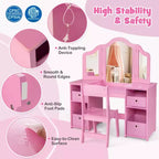 Costway Coiffeuse et chaise pour enfants 2-en-1, ensemble de jeu de rôle Princesse Maquillage, rose/blanc
