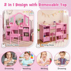 Costway Coiffeuse et chaise pour enfants 2-en-1, ensemble de jeu de rôle Princesse Maquillage, rose/blanc
