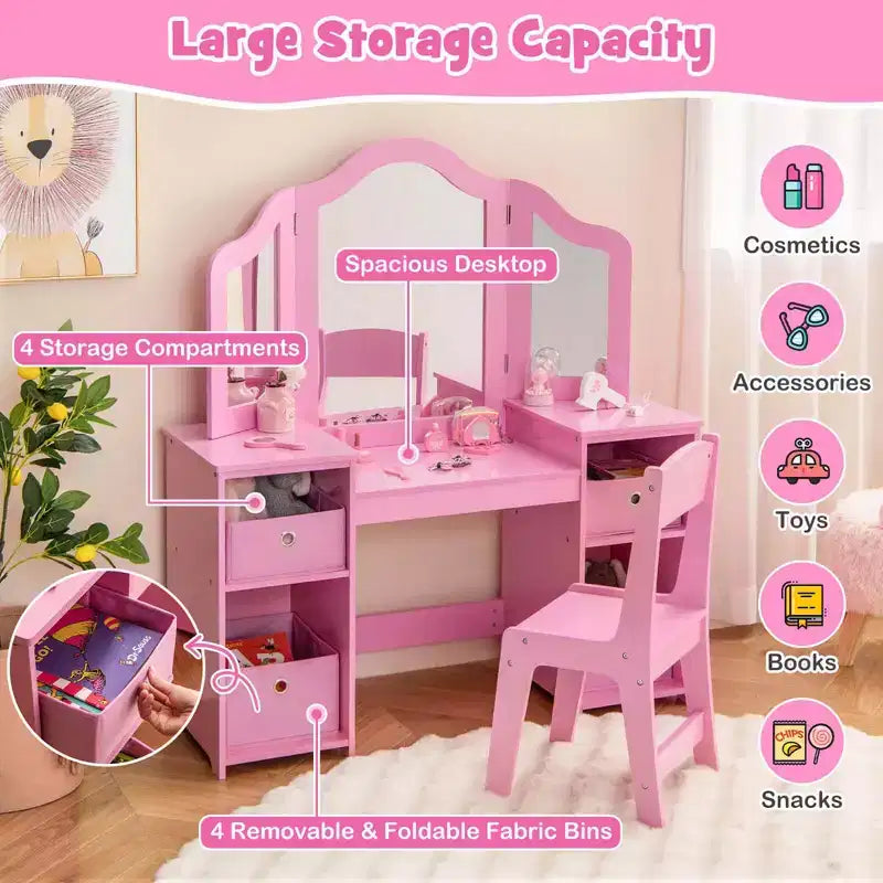 Costway Coiffeuse et chaise pour enfants 2-en-1, ensemble de jeu de rôle Princesse Maquillage, rose/blanc