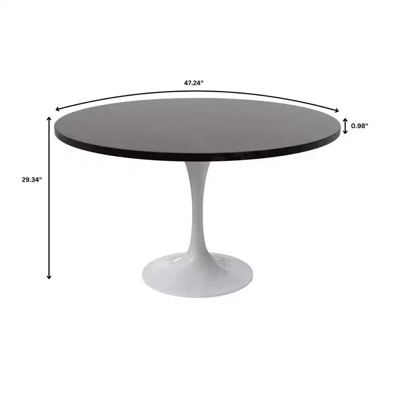 Table LeisureMod Verve moderne du milieu du siècle avec plateau rond en MDF de 48 po et base piédestal en acier blanc pour la cuisine et la salle à manger, couleur noire