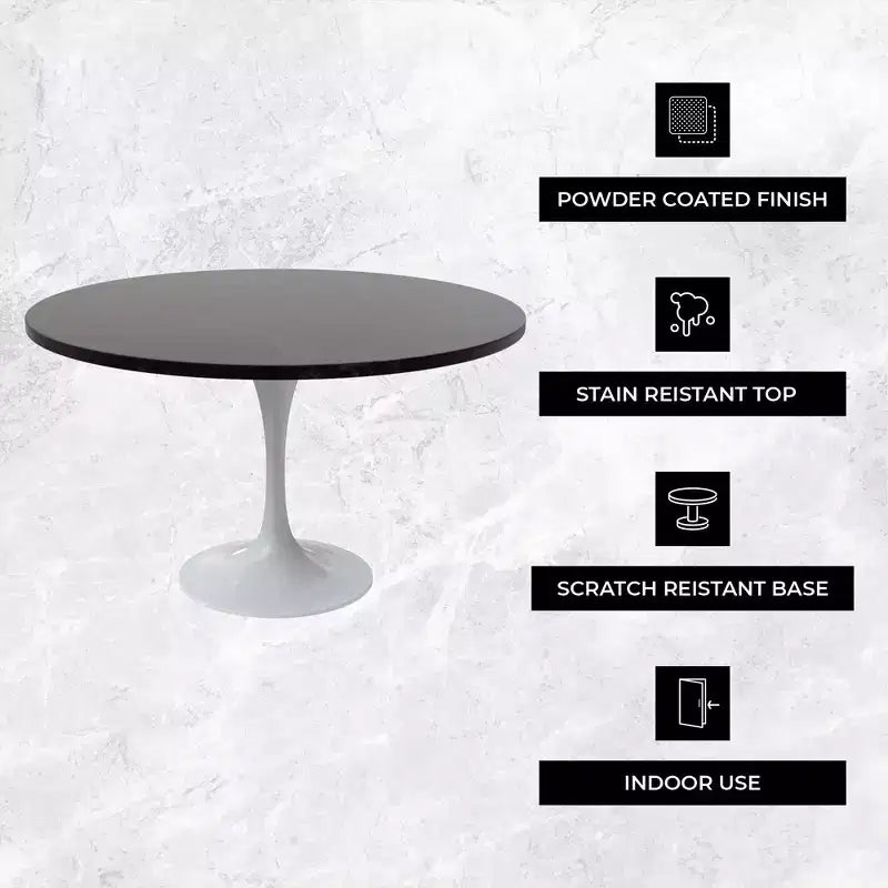 Table LeisureMod Verve moderne du milieu du siècle avec plateau rond en MDF de 48 po et base piédestal en acier blanc pour la cuisine et la salle à manger, couleur noire