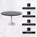Table LeisureMod Verve moderne du milieu du siècle avec plateau rond en MDF de 48 po et base piédestal en acier blanc pour la cuisine et la salle à manger, couleur noire