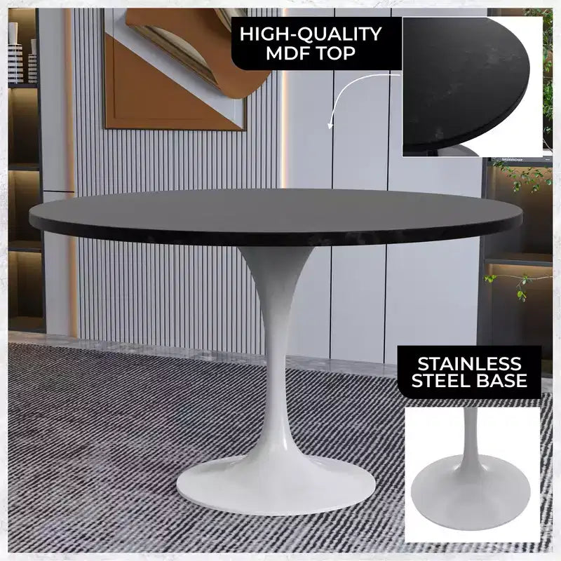 Table LeisureMod Verve moderne du milieu du siècle avec plateau rond en MDF de 48 po et base piédestal en acier blanc pour la cuisine et la salle à manger, couleur noire