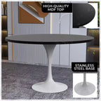 Table LeisureMod Verve moderne du milieu du siècle avec plateau rond en MDF de 48 po et base piédestal en acier blanc pour la cuisine et la salle à manger, couleur noire