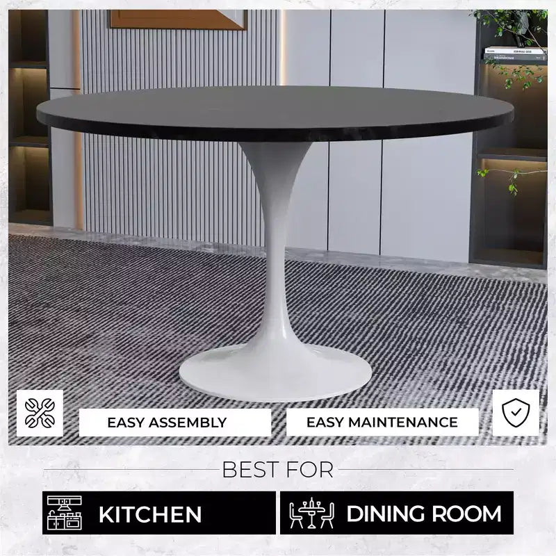 Table LeisureMod Verve moderne du milieu du siècle avec plateau rond en MDF de 48 po et base piédestal en acier blanc pour la cuisine et la salle à manger, couleur noire