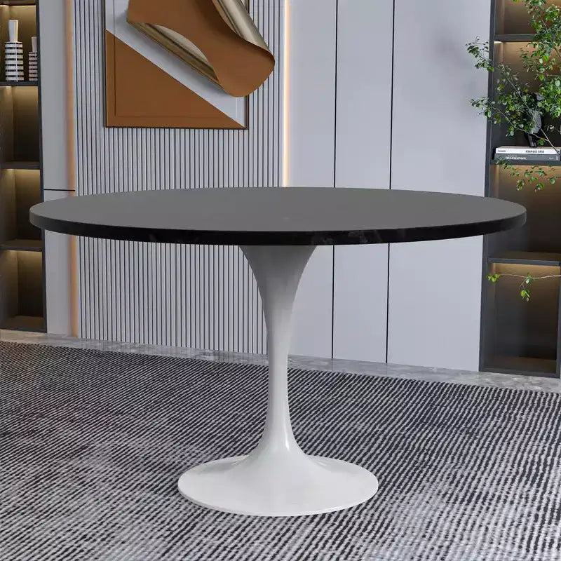 Table LeisureMod Verve moderne du milieu du siècle avec plateau rond en MDF de 48 po et base piédestal en acier blanc pour la cuisine et la salle à manger, couleur noire