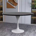 Table LeisureMod Verve moderne du milieu du siècle avec plateau rond en MDF de 48 po et base piédestal en acier blanc pour la cuisine et la salle à manger, couleur noire