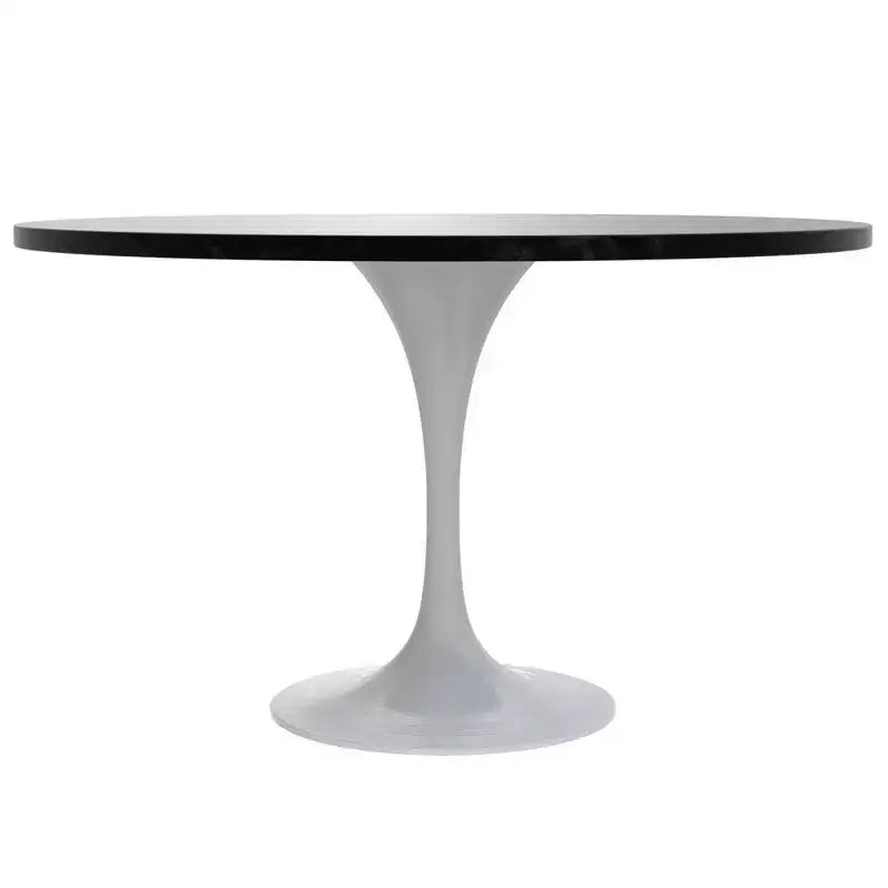 Table LeisureMod Verve moderne du milieu du siècle avec plateau rond en MDF de 48 po et base piédestal en acier blanc pour la cuisine et la salle à manger, couleur noire