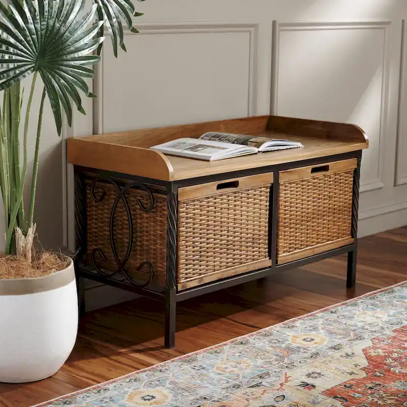 Banc de rangement SAFAVIEH Vasilija en étain antique/frêne clair – 33 x 15.7 x 20 – 33Lx16Px20H