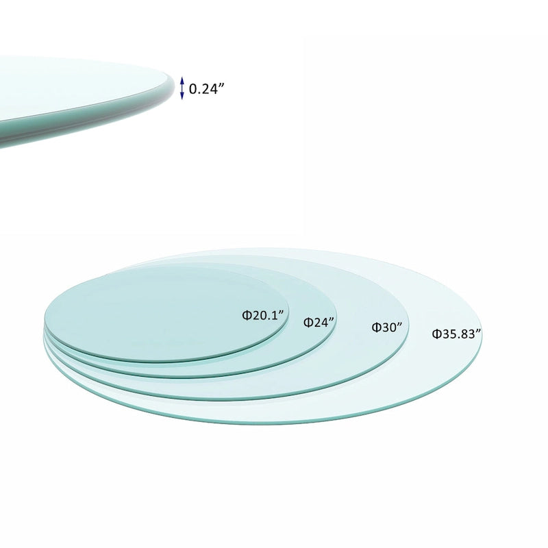 Dessus de table rond en verre trempé, verre clair, épais, bord poli