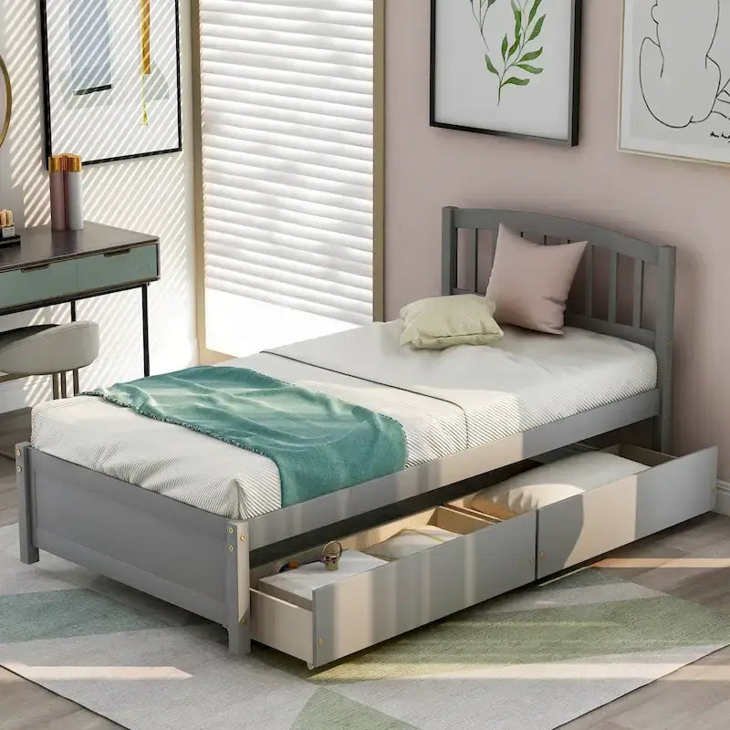 Lit de rangement plateforme en bois, taille double, avec tiroirs