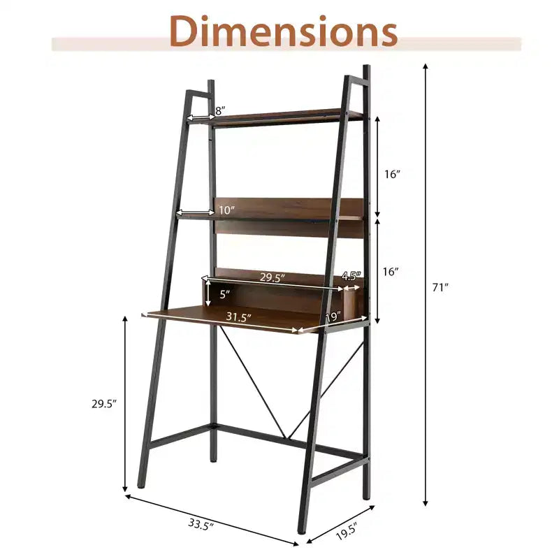 Bureau échelle Costway 71'' avec étagères ouvertes, bureau d'ordinateur à 3 niveaux marron