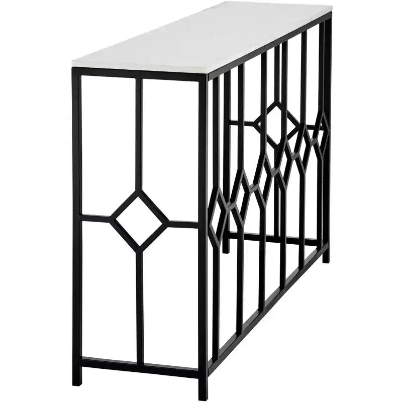 55 Downing Street Addy Table console rectangulaire moderne en fer 132,7 x 35,6 cm dessus en pierre blanche géométrique noir pour salon