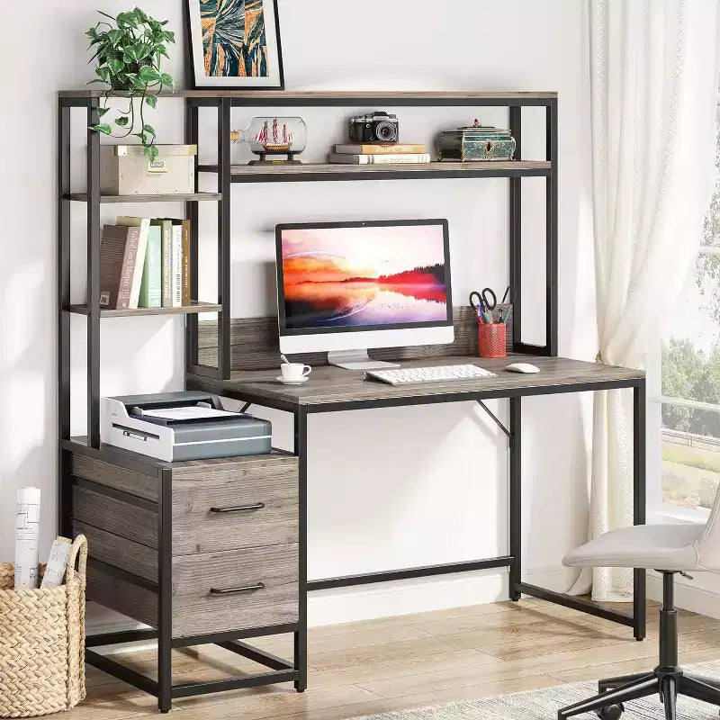 Bureau d'ordinateur Lantine de 55 pouces avec 2 tiroirs et des étagères de rangement