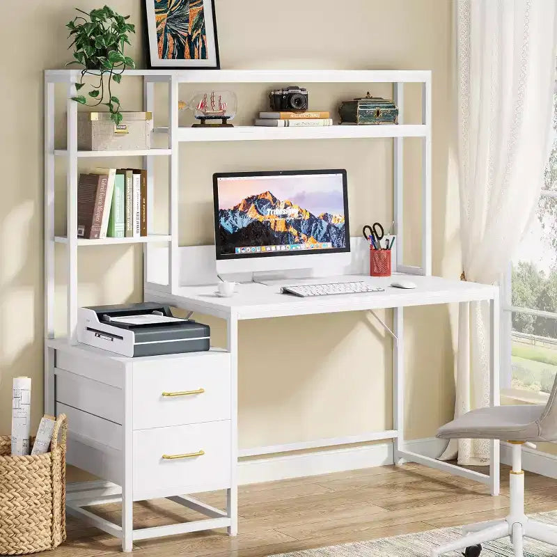 Bureau d'ordinateur Lantine de 55 pouces avec 2 tiroirs et des étagères de rangement