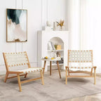 LuxenHome Fauteuil d'appoint bas sans accoudoirs en bois d'hévéa naturel avec cuir PU blanc, lot de 2
