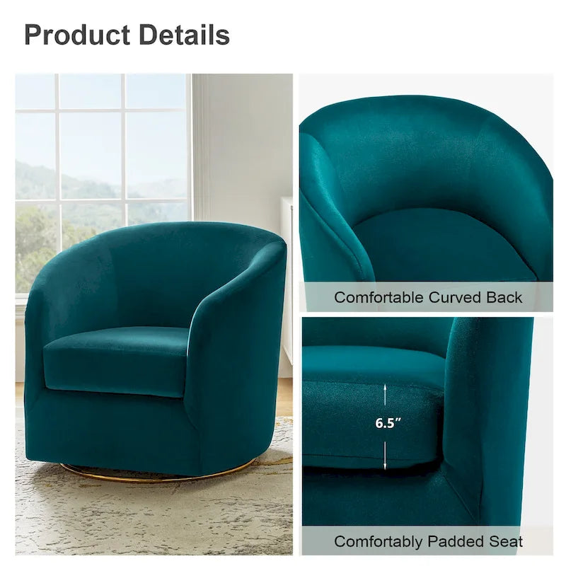 Fauteuil d'appoint pivotant incurvé Eleuterio en velours moderne avec base en métal par HULALA HOME