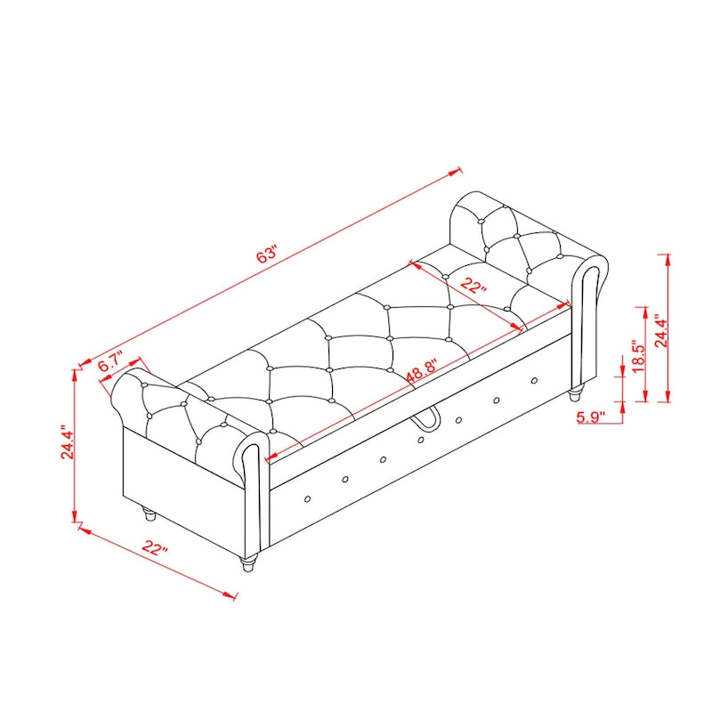 Banc de lit de rangement moderne avec accoudoirs roulés