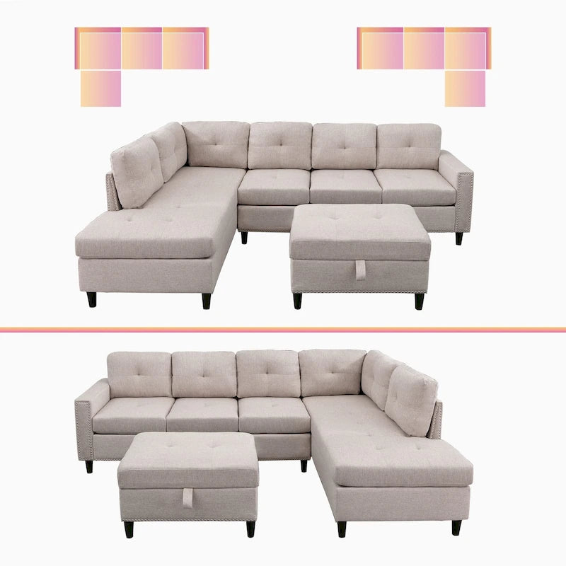 Canapé d'angle en L Mixoy avec 2 porte-gobelets, pouf de rangement