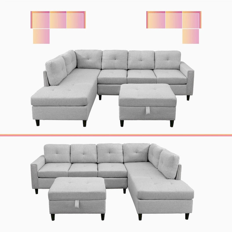 Canapé d'angle en L Mixoy avec 2 porte-gobelets, pouf de rangement