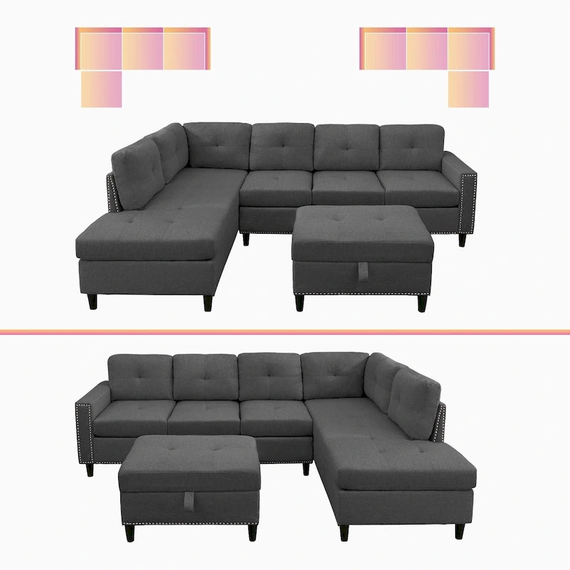 Canapé d'angle en L Mixoy avec 2 porte-gobelets, pouf de rangement