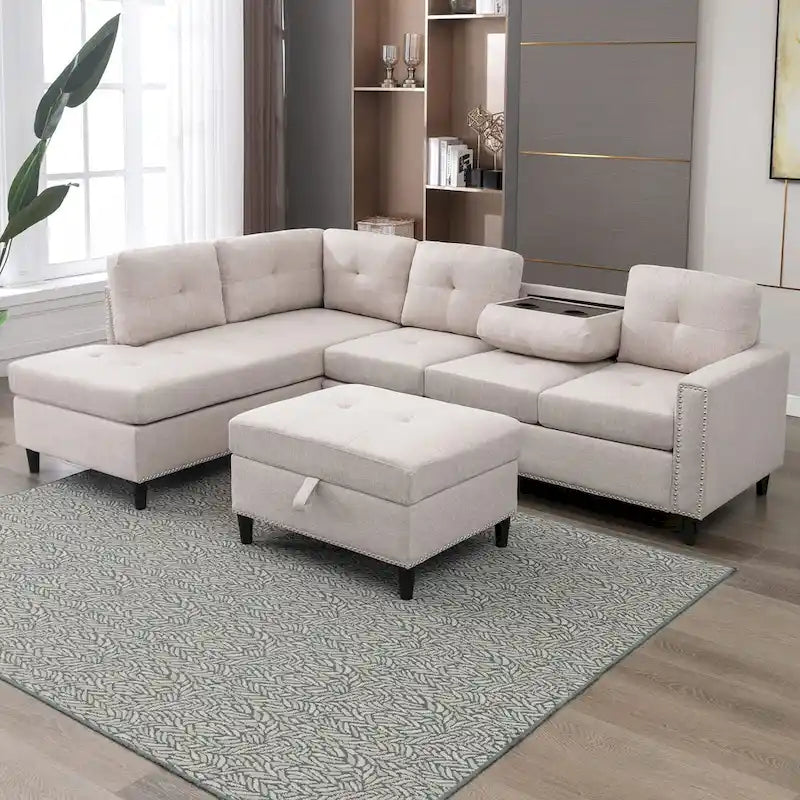 Canapé d'angle en L Mixoy avec 2 porte-gobelets, pouf de rangement