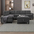 Canapé d'angle en L Mixoy avec 2 porte-gobelets, pouf de rangement