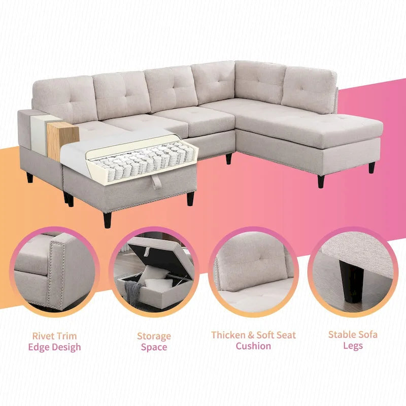 Canapé d'angle en L Mixoy avec 2 porte-gobelets, pouf de rangement