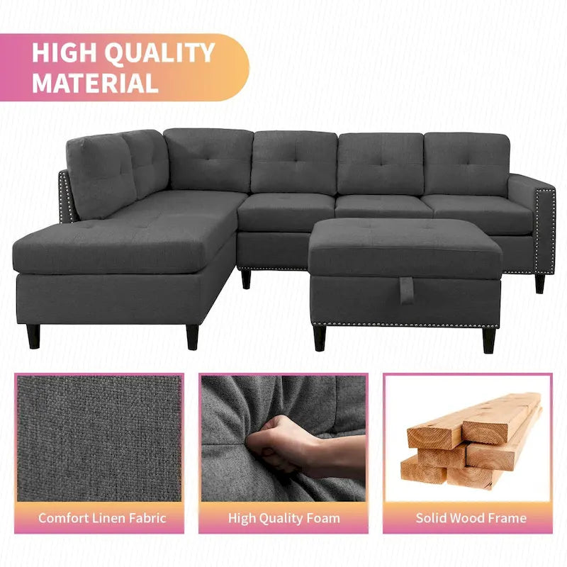 Canapé d'angle en L Mixoy avec 2 porte-gobelets, pouf de rangement