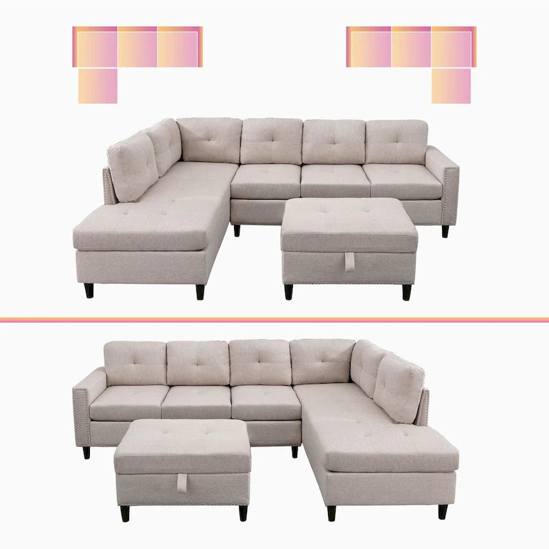 Canapé d'angle en L Mixoy avec 2 porte-gobelets, pouf de rangement