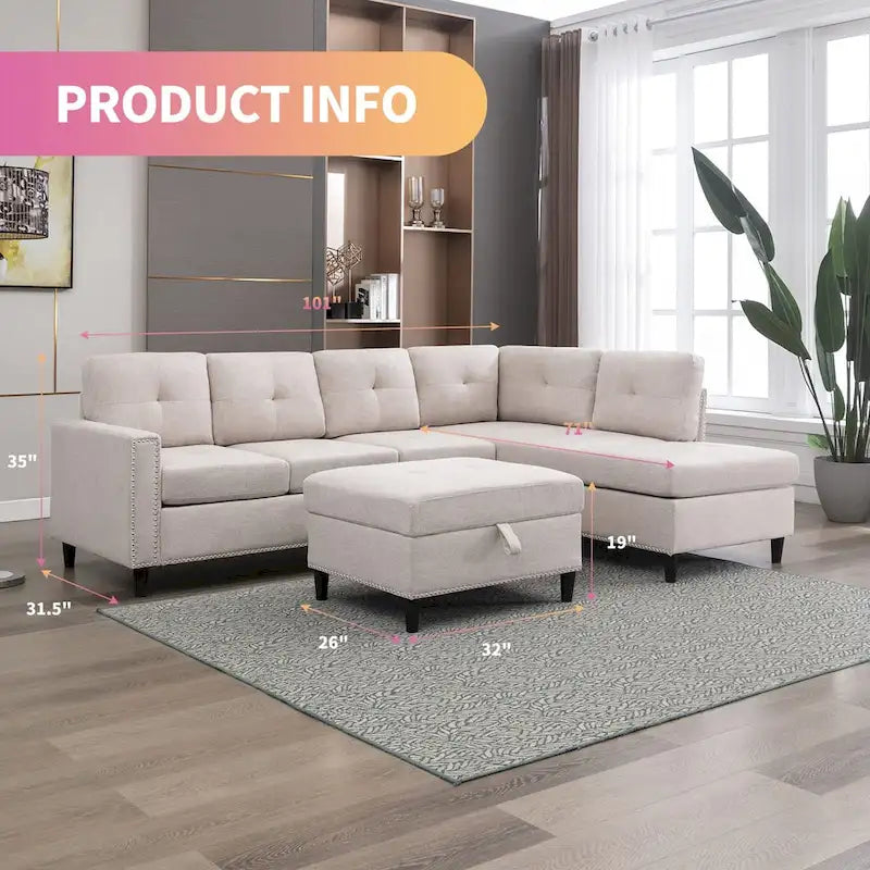 Canapé d'angle en L Mixoy avec 2 porte-gobelets, pouf de rangement