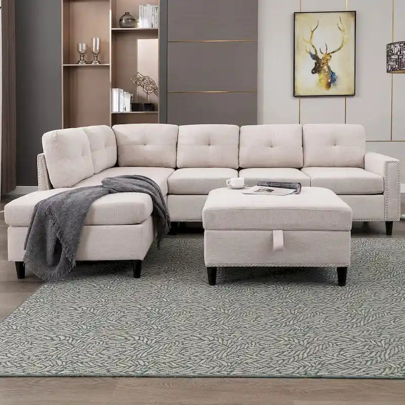 Canapé d'angle en L Mixoy avec 2 porte-gobelets, pouf de rangement