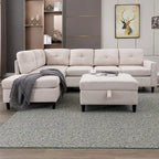 Canapé d'angle en L Mixoy avec 2 porte-gobelets, pouf de rangement