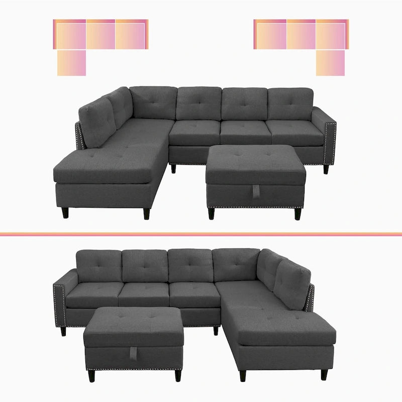 Canapé d'angle en L Mixoy avec 2 porte-gobelets, pouf de rangement